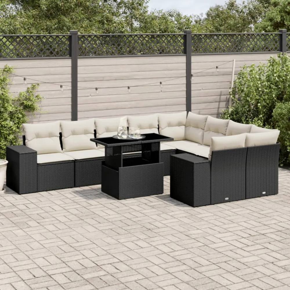10-delige Loungeset met kussens poly rattan zwart vidaXL