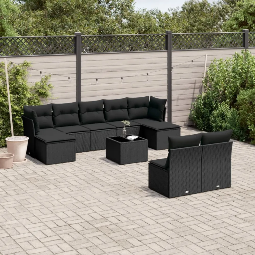 10-delige Loungeset met kussens poly rattan zwart vidaXL