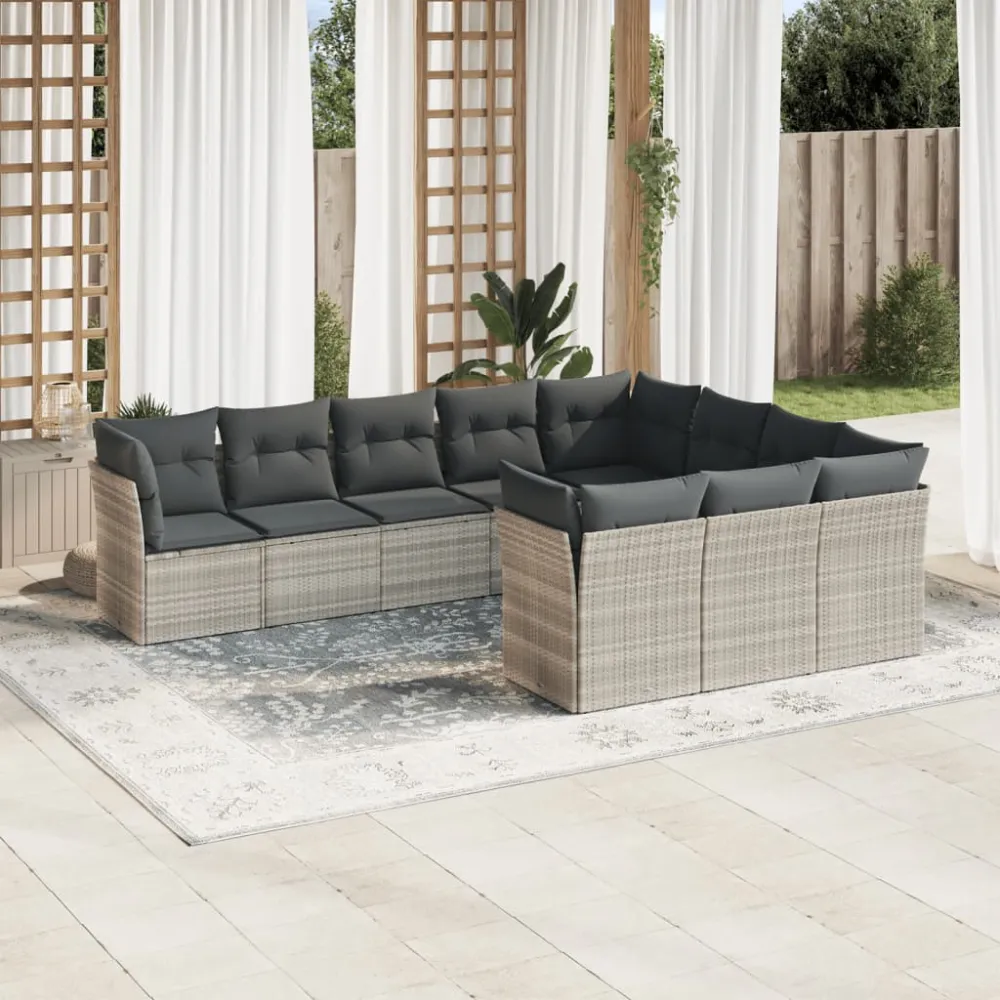 10-delige Loungeset met kussens poly rattan lichtgrijs vidaXL