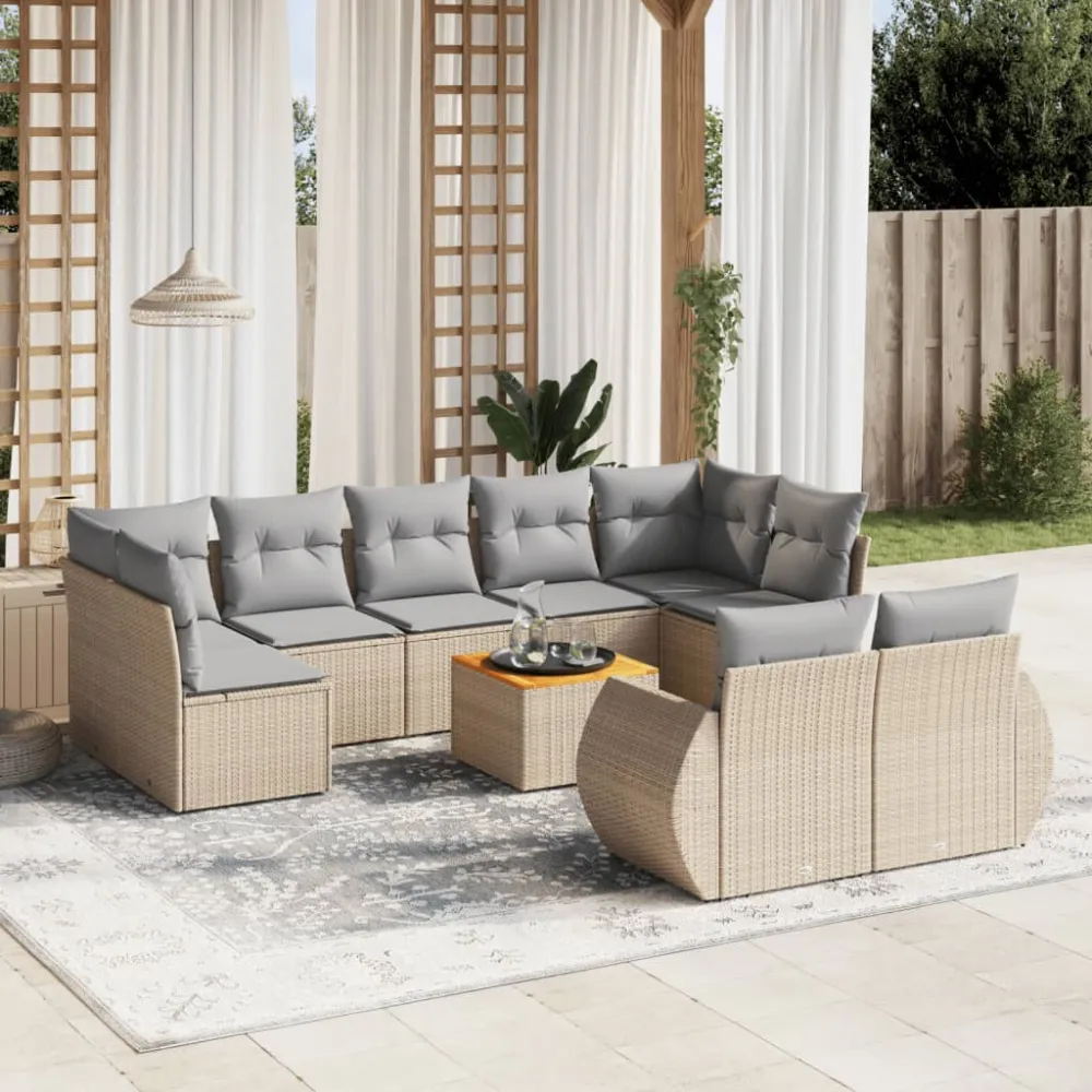 10-delige Loungeset met kussens poly rattan beige vidaXL