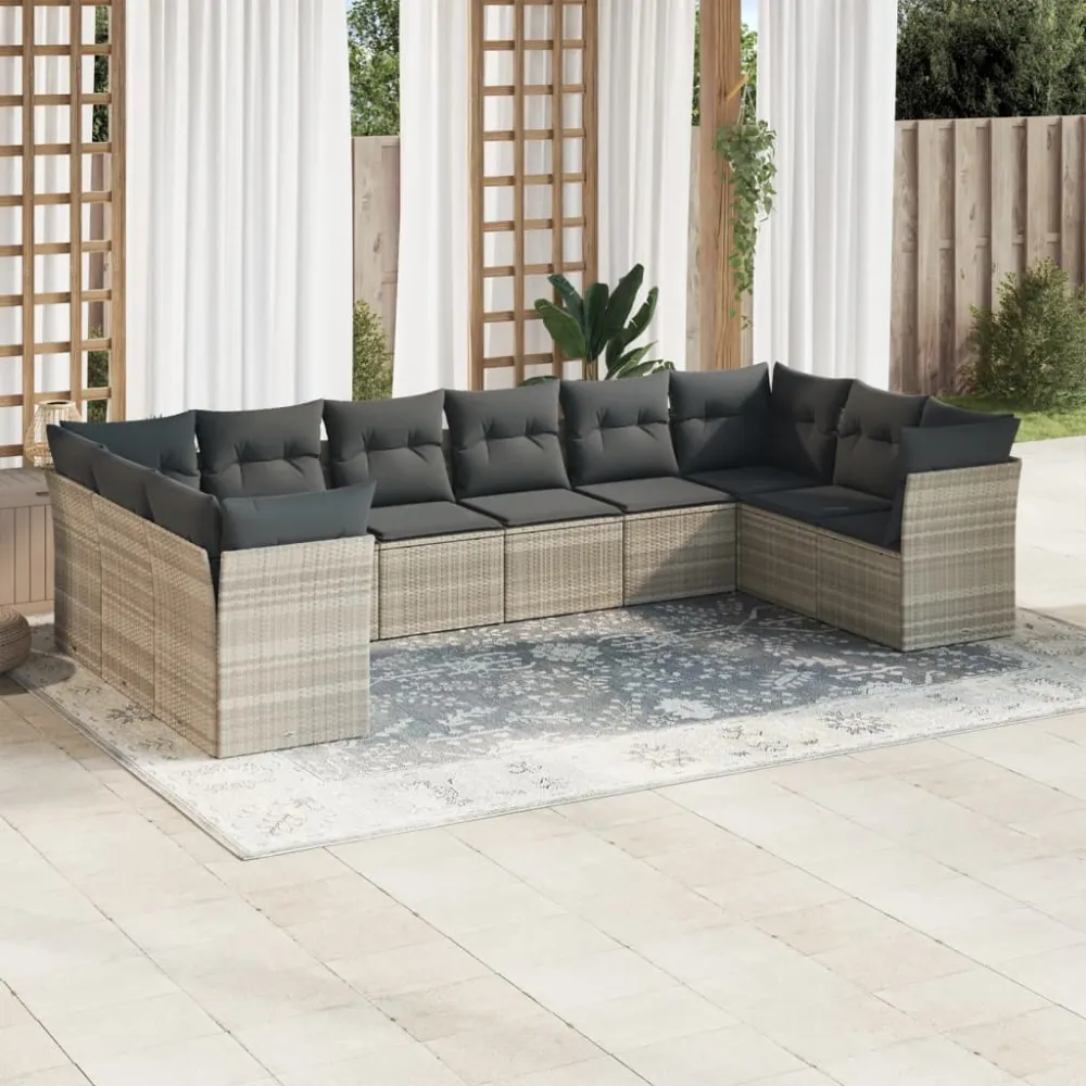 10-delige Loungeset met kussens poly rattan lichtgrijs vidaXL