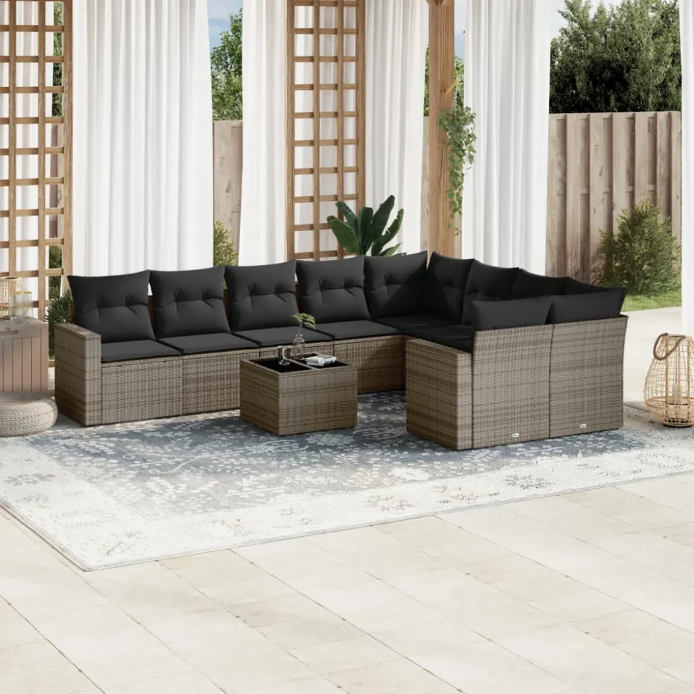 10-delige Loungeset met kussens poly rattan grijs vidaXL