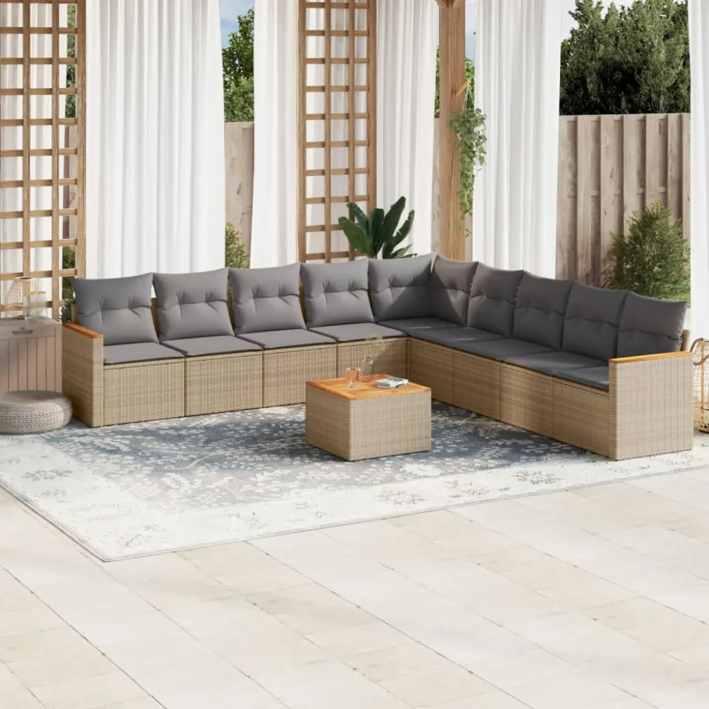 10-delige Loungeset met kussens poly rattan gemengd beige vidaXL