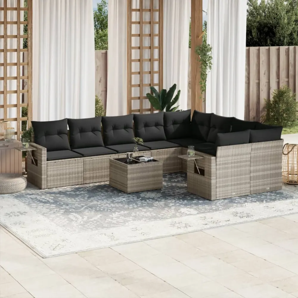 10-delige Loungeset met kussens poly rattan lichtgrijs vidaXL