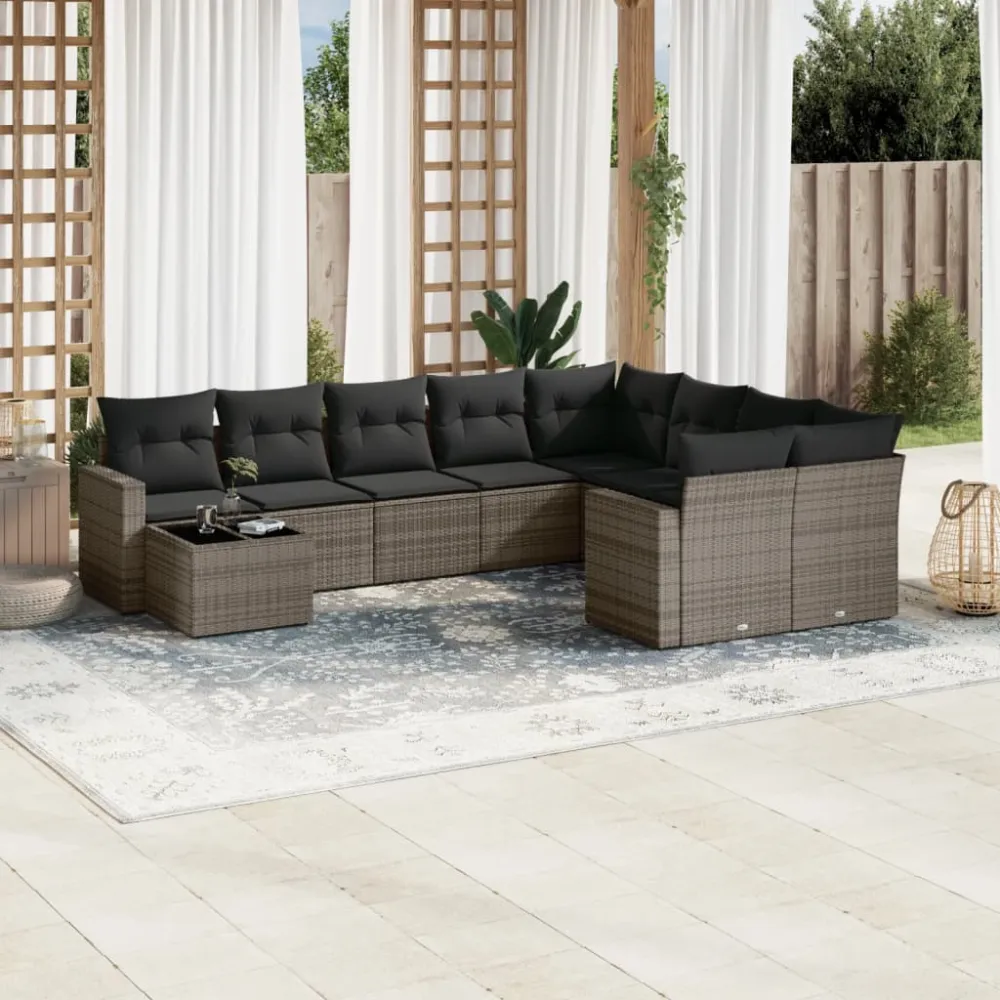 10-delige Loungeset met kussens poly rattan grijs vidaXL