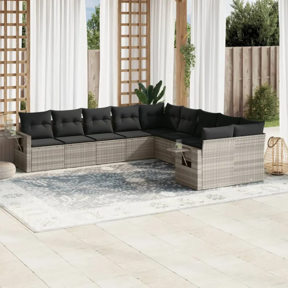 10-delige Loungeset met kussens poly rattan lichtgrijs vidaXL