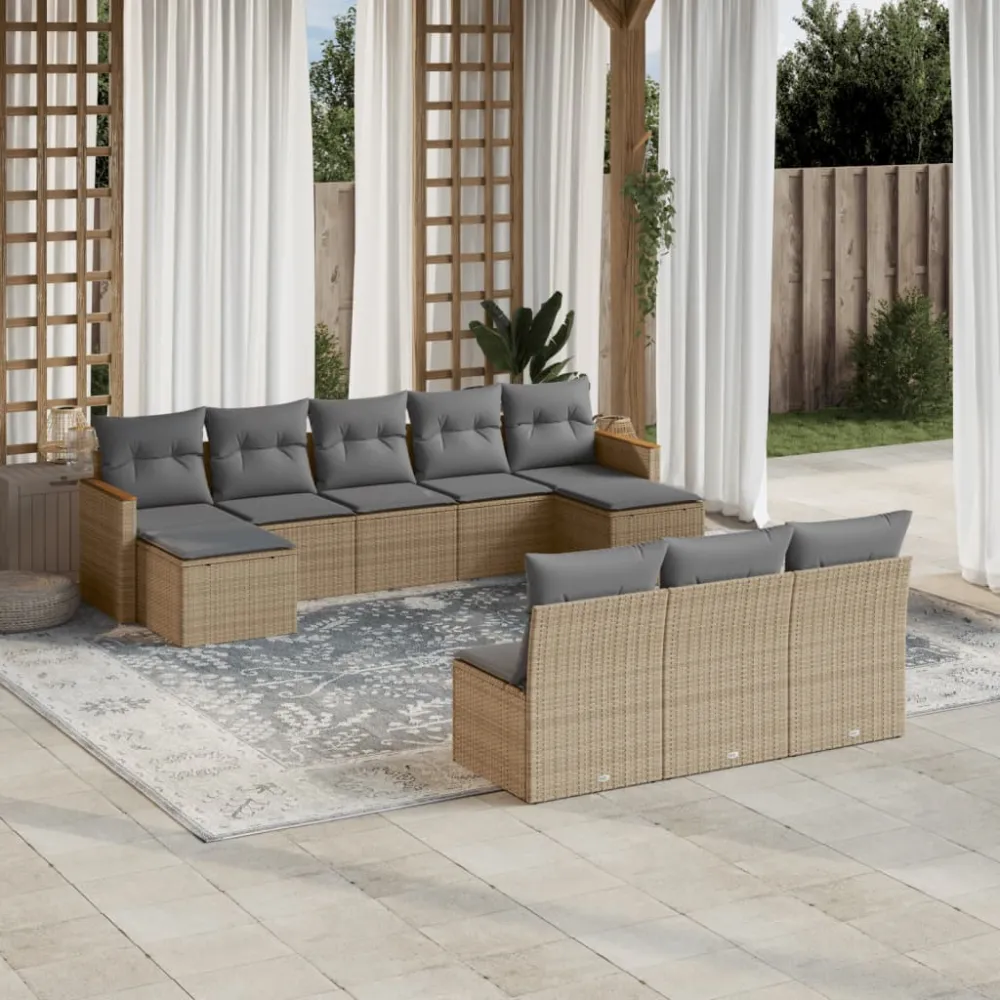 10-delige Loungeset met kussens poly rattan gemengd beige vidaXL