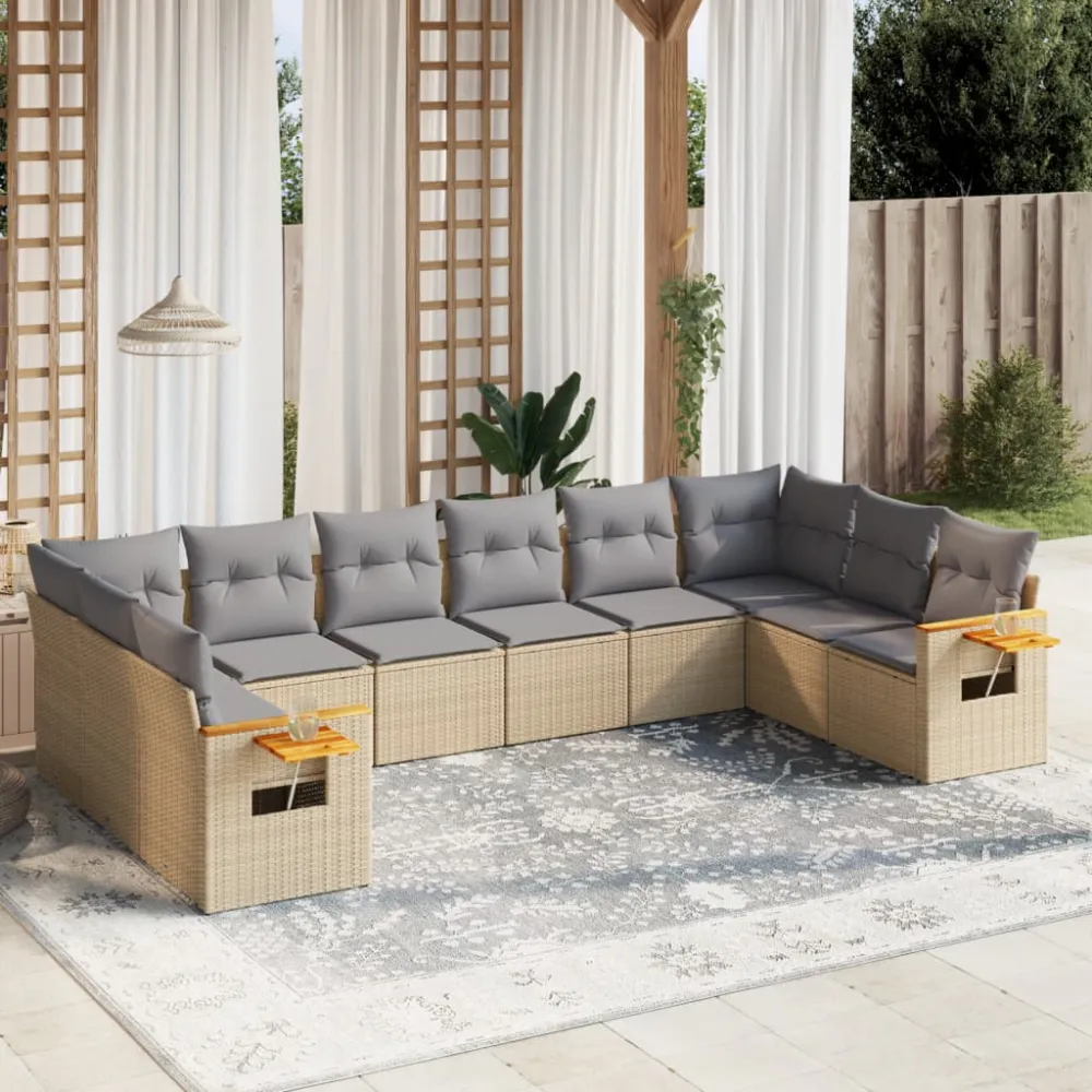 10-delige Loungeset met kussens poly rattan beige vidaXL