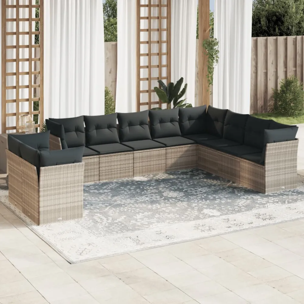 10-delige Loungeset met kussens poly rattan lichtgrijs vidaXL