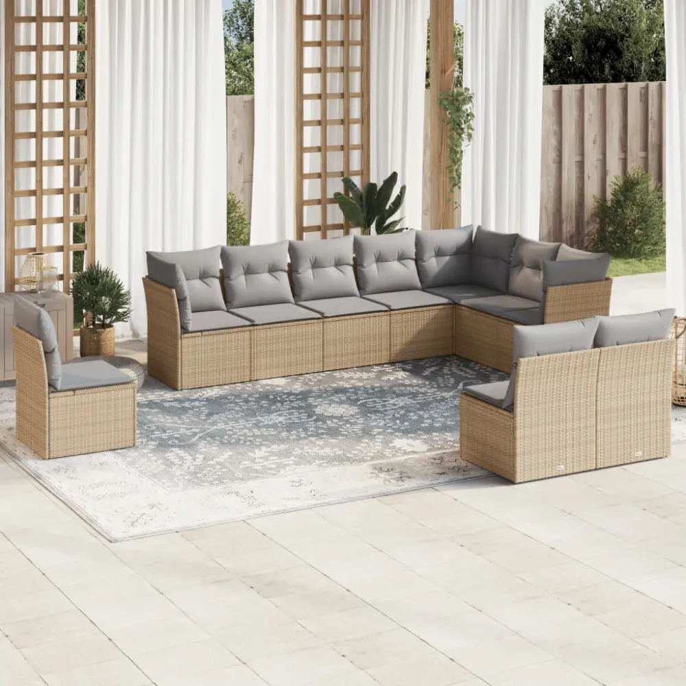 10-delige Loungeset met kussens poly rattan beige vidaXL