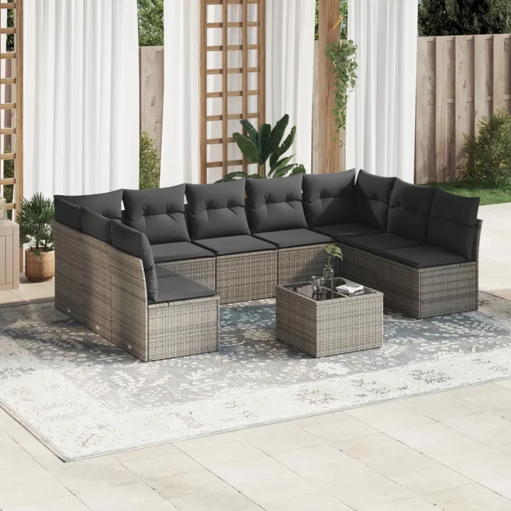 10-delige Loungeset met kussens poly rattan grijs vidaXL