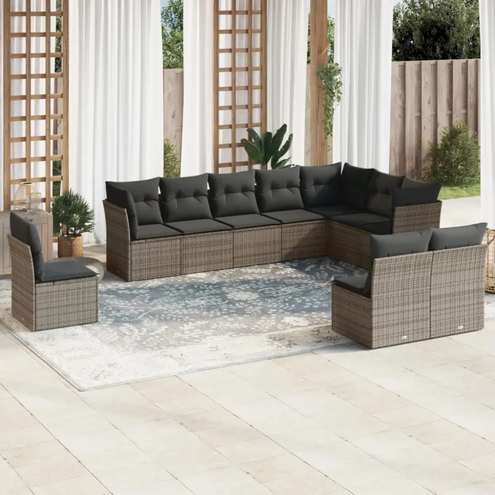 10-delige Loungeset met kussens poly rattan grijs vidaXL