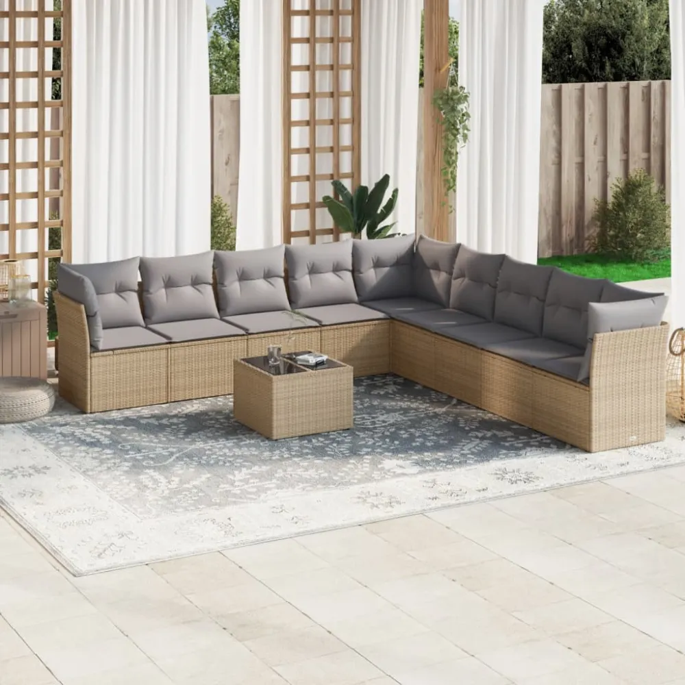 10-delige Loungeset met kussens poly rattan beige vidaXL