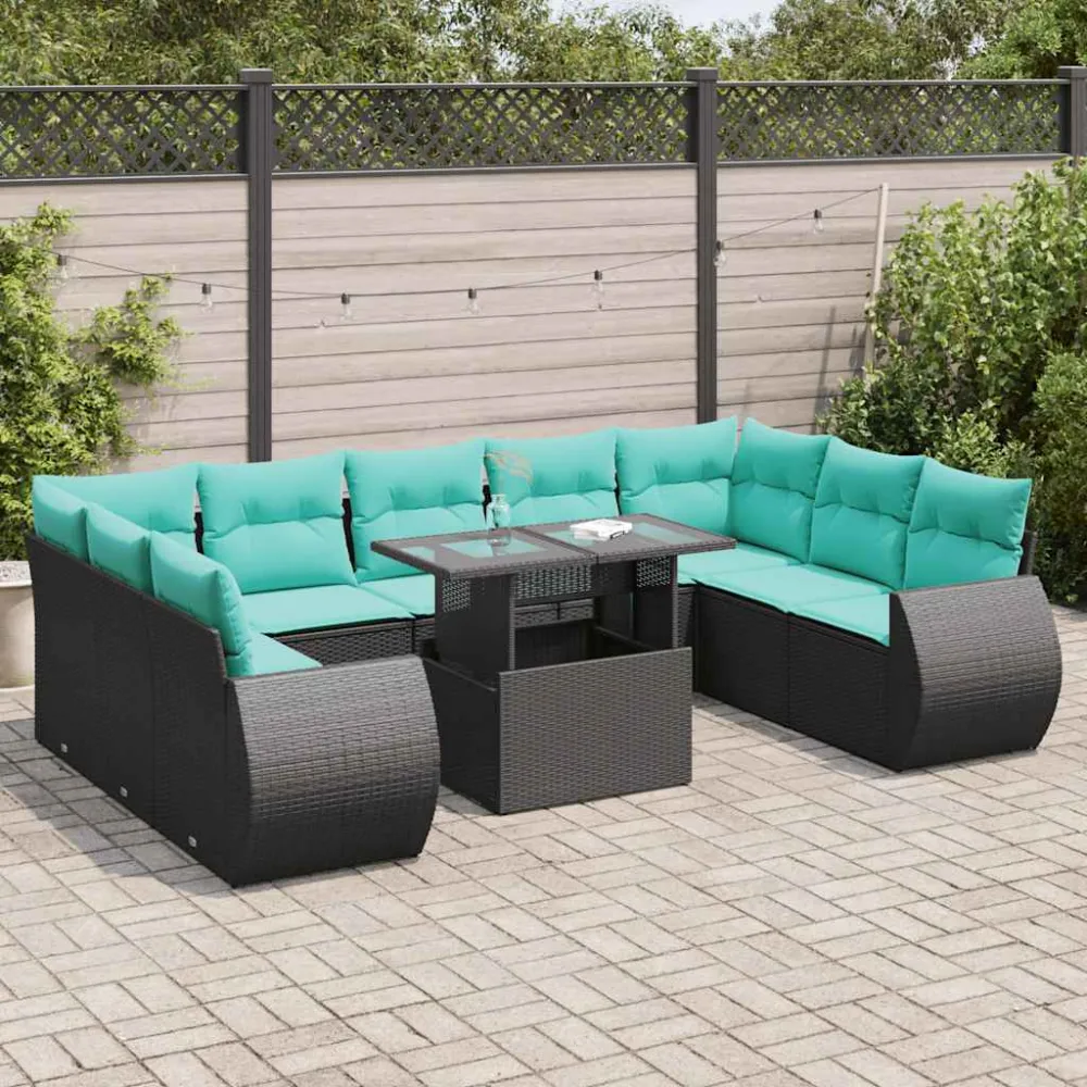 10-delige Loungeset met kussens poly rattan acacia zwart vidaXL