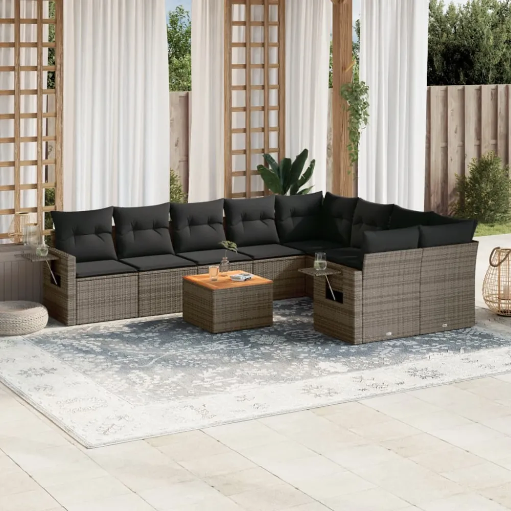 10-delige Loungeset met kussens poly rattan grijs vidaXL