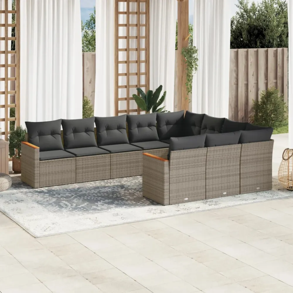 10-delige Loungeset met kussens poly rattan grijs vidaXL