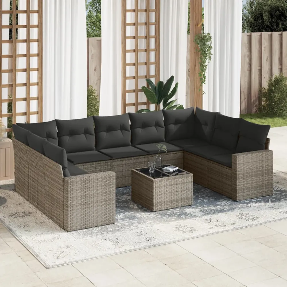10-delige Loungeset met kussens poly rattan grijs vidaXL