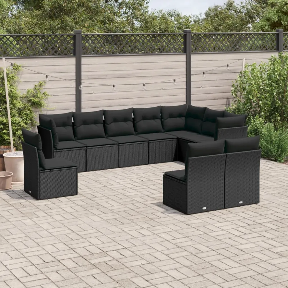 10-delige Loungeset met kussens poly rattan zwart vidaXL