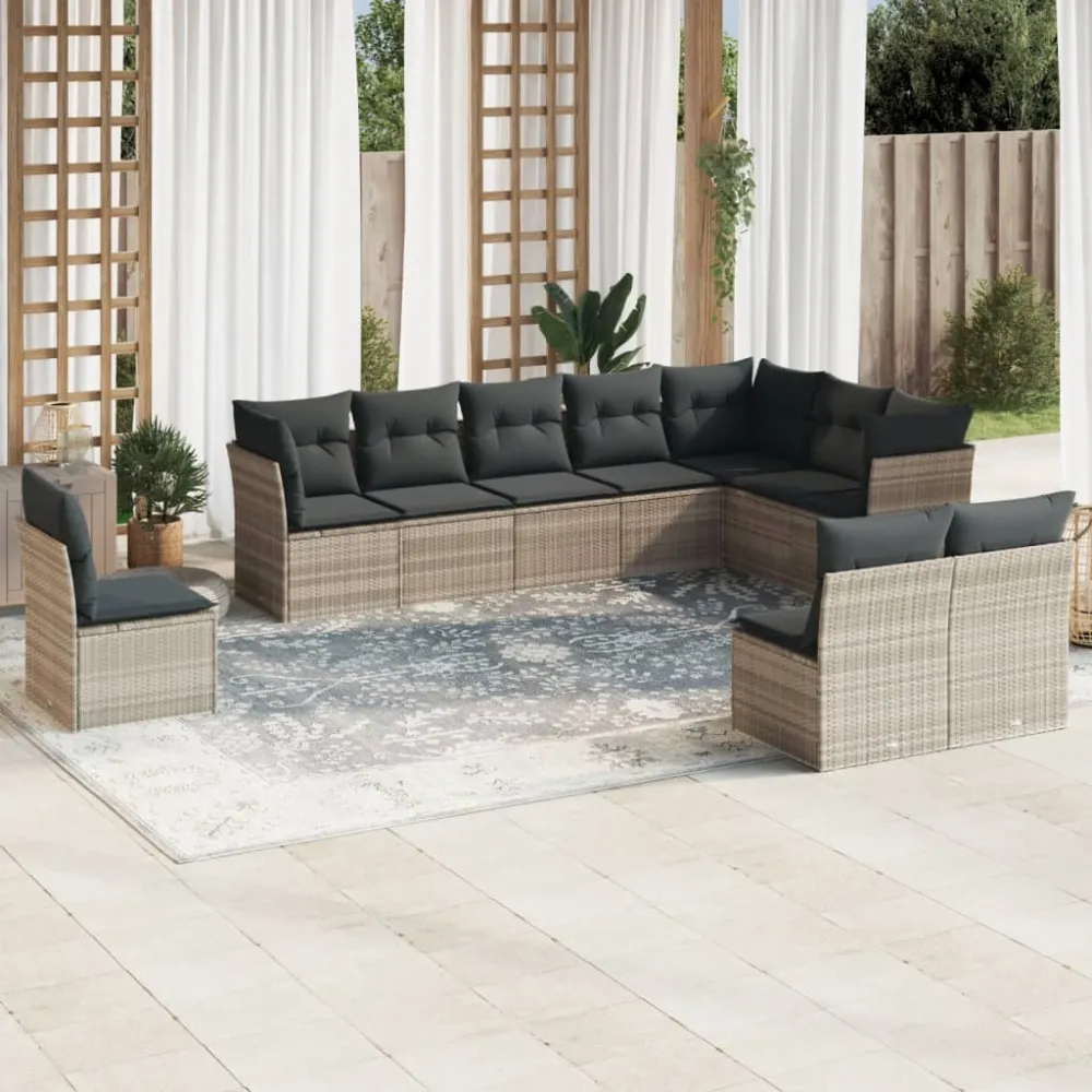 10-delige Loungeset met kussens poly rattan lichtgrijs vidaXL