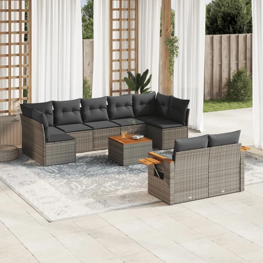 10-delige Loungeset met kussens poly rattan grijs vidaXL