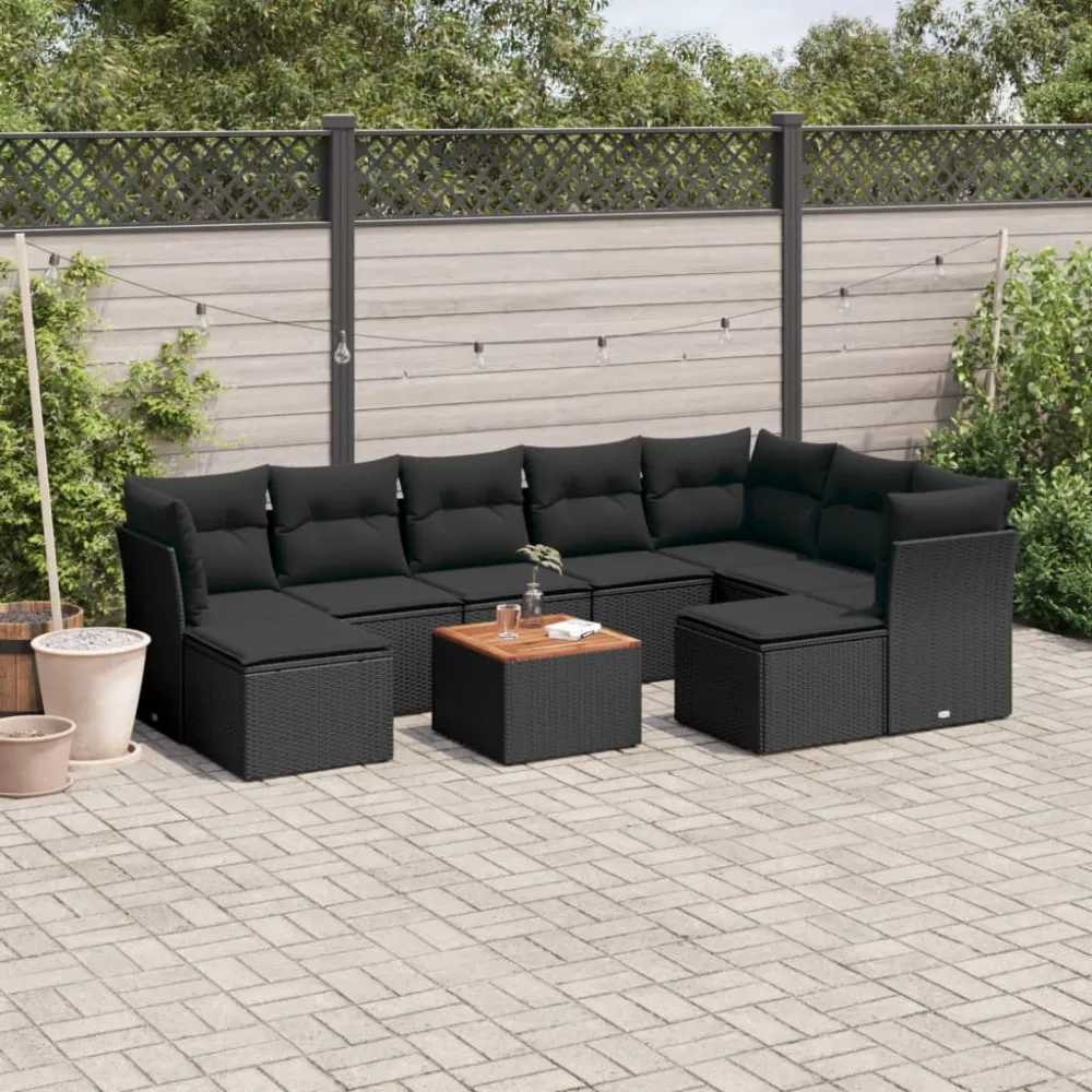 10-delige Loungeset met kussens poly rattan zwart vidaXL