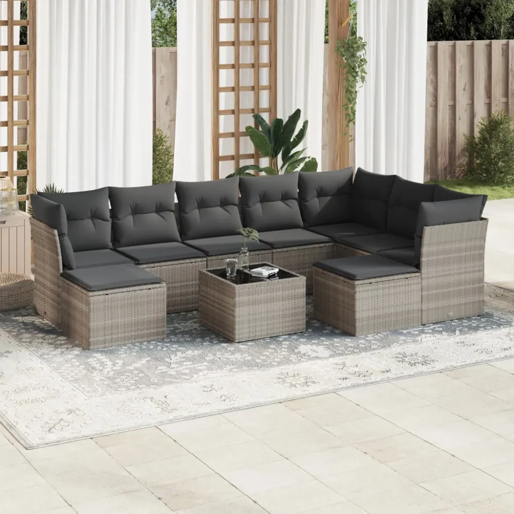 10-delige Loungeset met kussens poly rattan lichtgrijs vidaXL