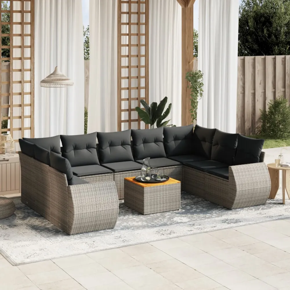 10-delige Loungeset met kussens poly rattan grijs vidaXL