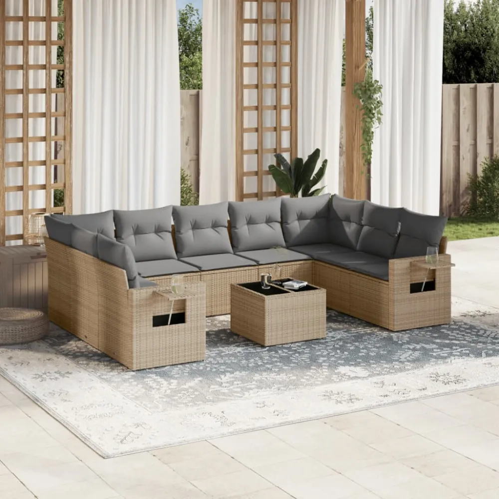10-delige Loungeset met kussens poly rattan beige vidaXL