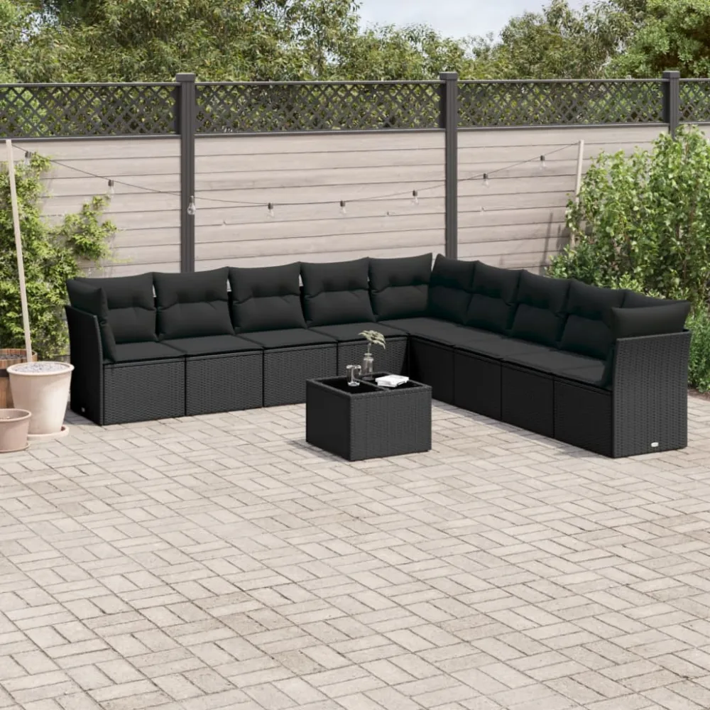 10-delige Loungeset met kussens poly rattan zwart vidaXL