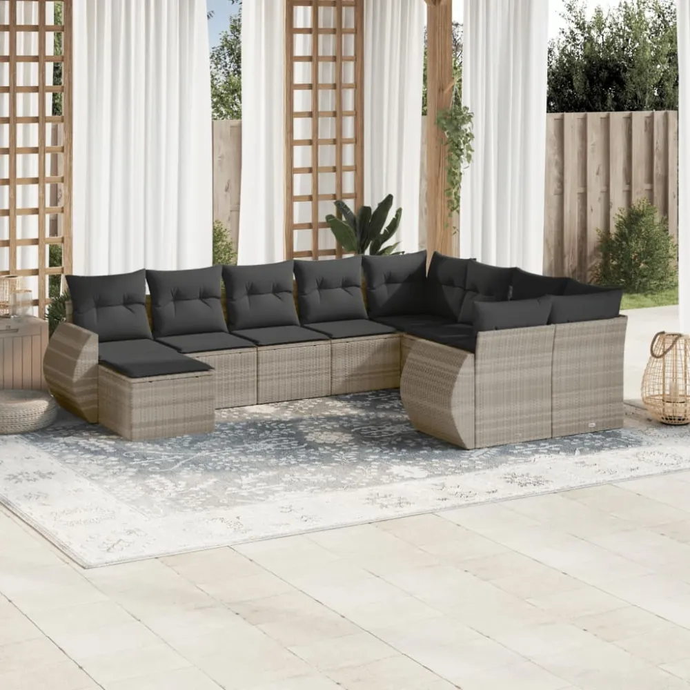 10-delige Loungeset met kussens poly rattan lichtgrijs vidaXL
