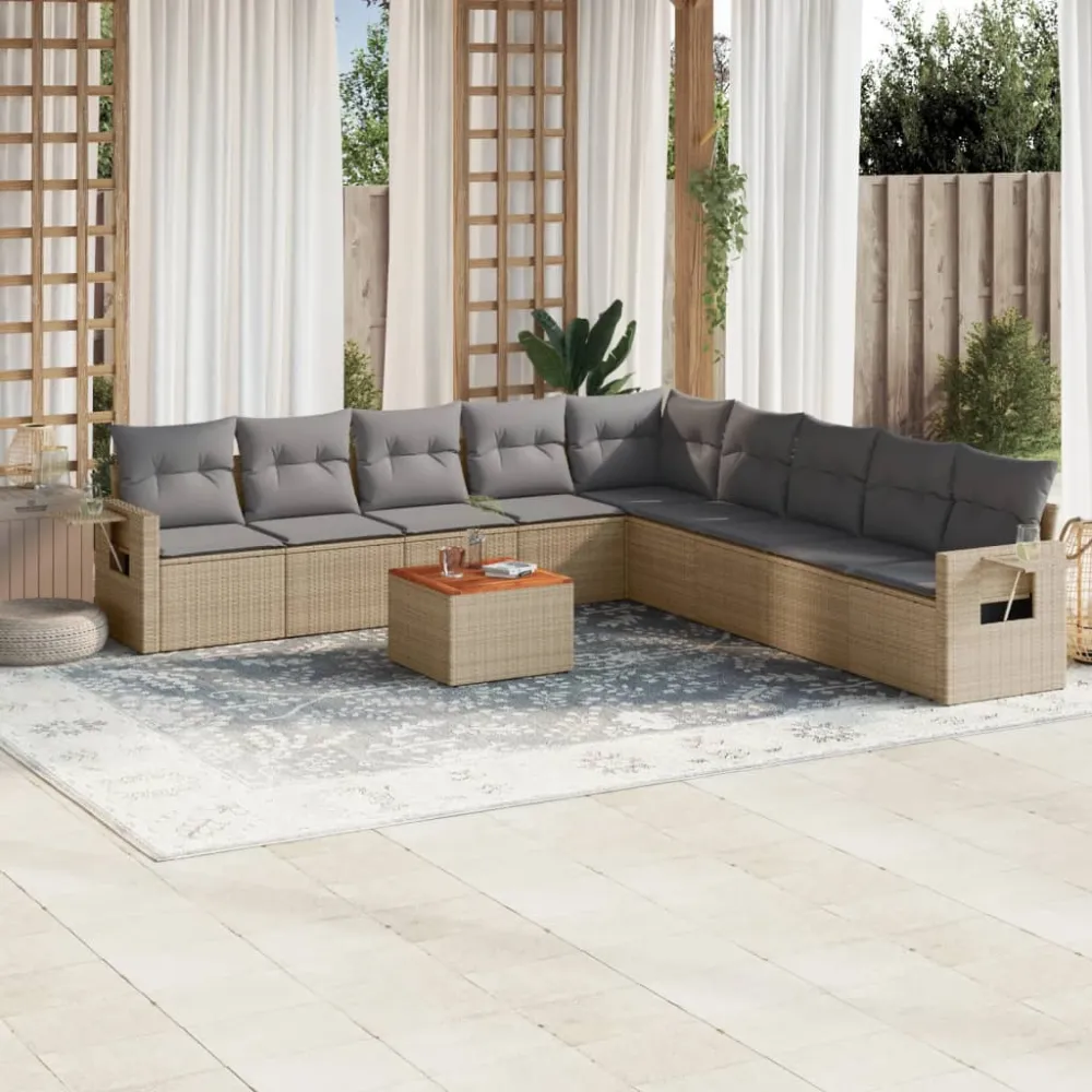 10-delige Loungeset met kussens poly rattan beige vidaXL
