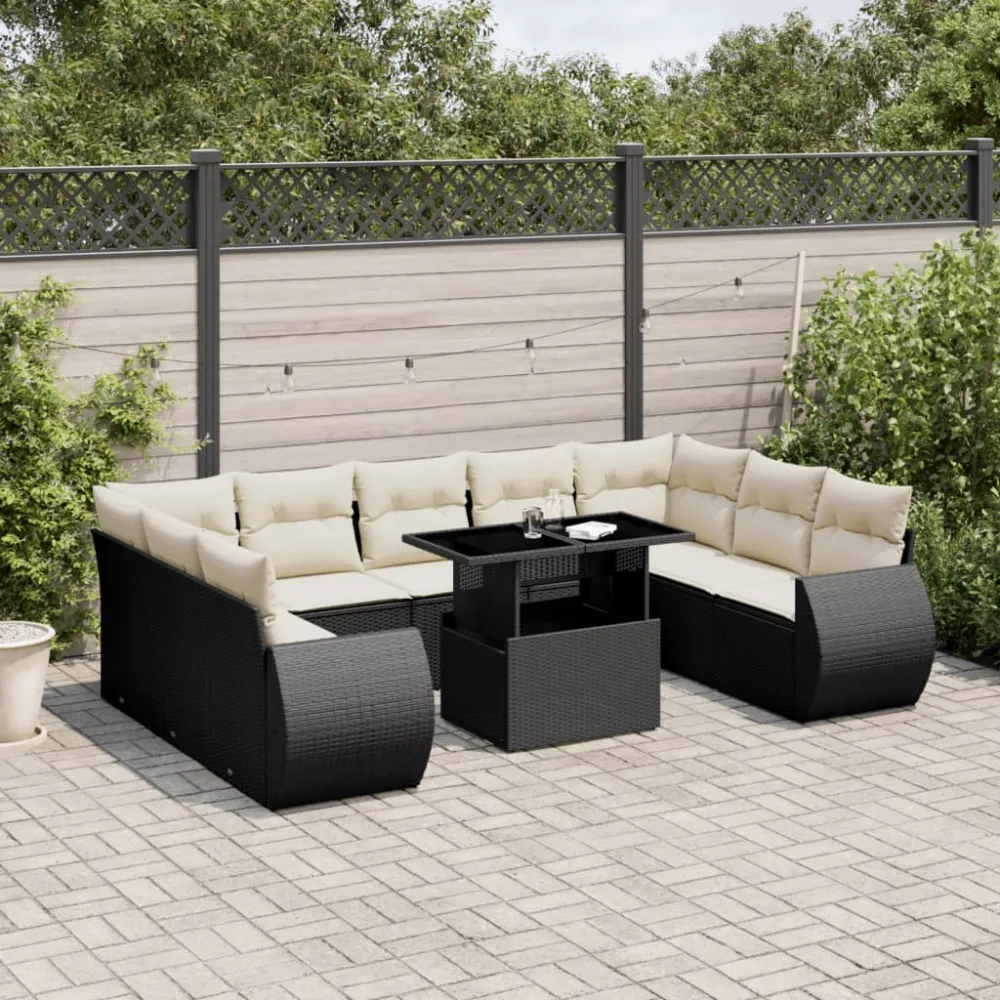 10-delige Loungeset met kussens poly rattan zwart vidaXL