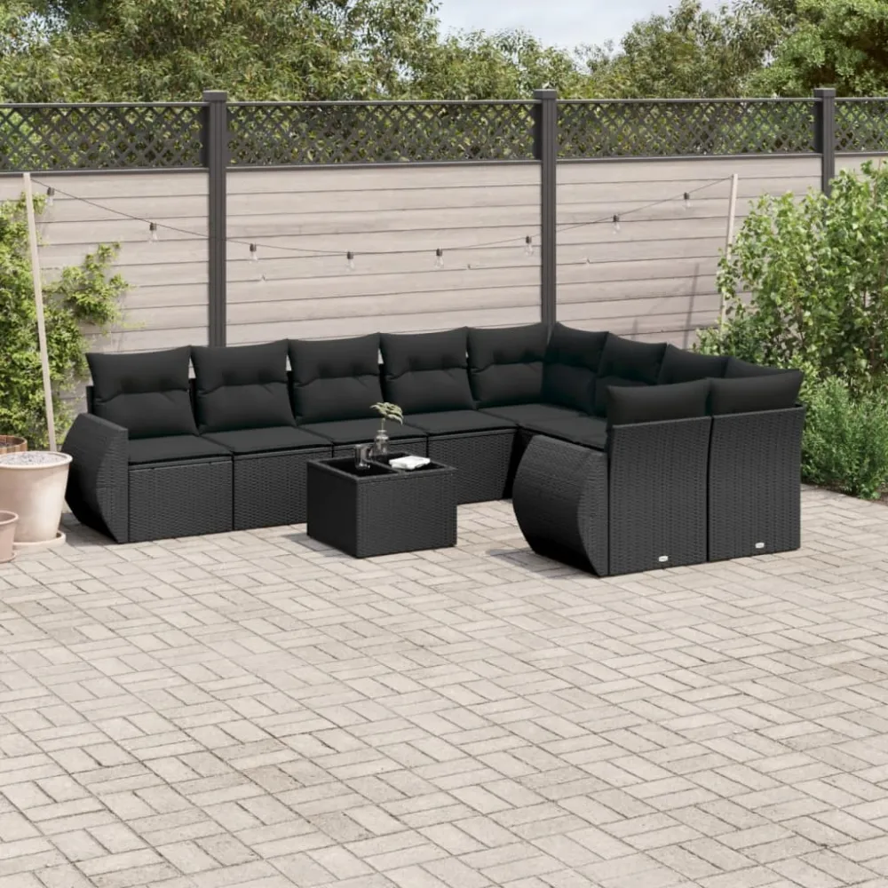 10-delige Loungeset met kussens poly rattan zwart vidaXL