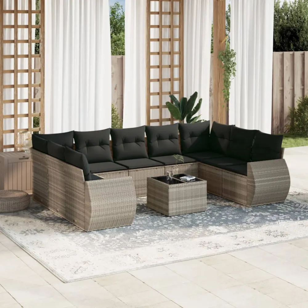 10-delige Loungeset met kussens poly rattan lichtgrijs vidaXL