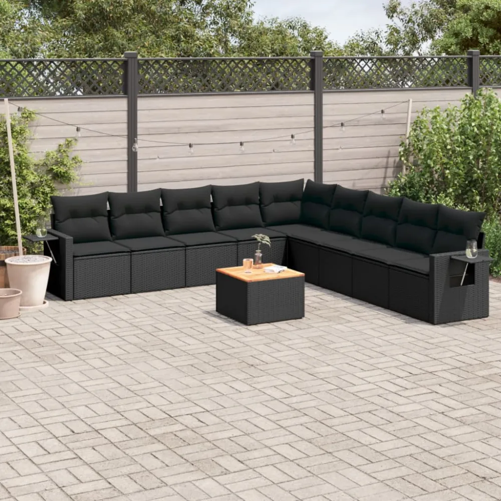 10-delige Loungeset met kussens poly rattan zwart vidaXL