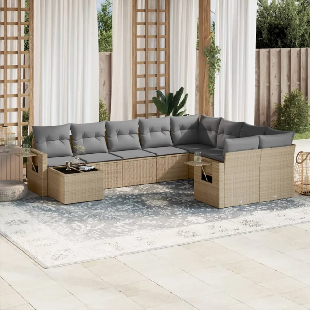 10-delige Loungeset met kussens poly rattan beige vidaXL