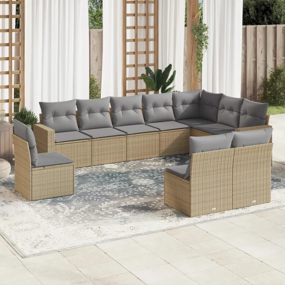 10-delige Loungeset met kussens poly rattan beige vidaXL