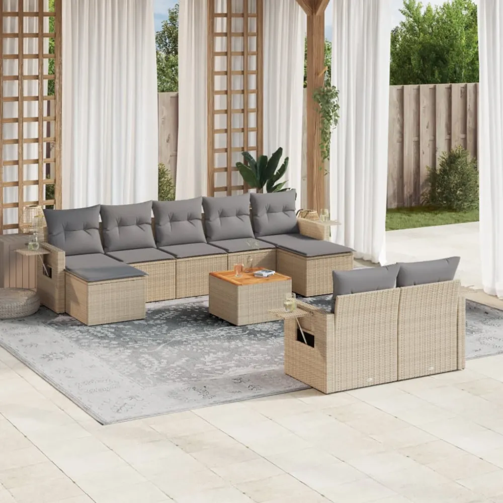 10-delige Loungeset met kussens poly rattan beige vidaXL
