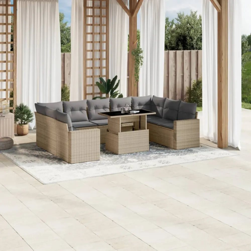 10-delige Loungeset met kussens poly rattan beige vidaXL