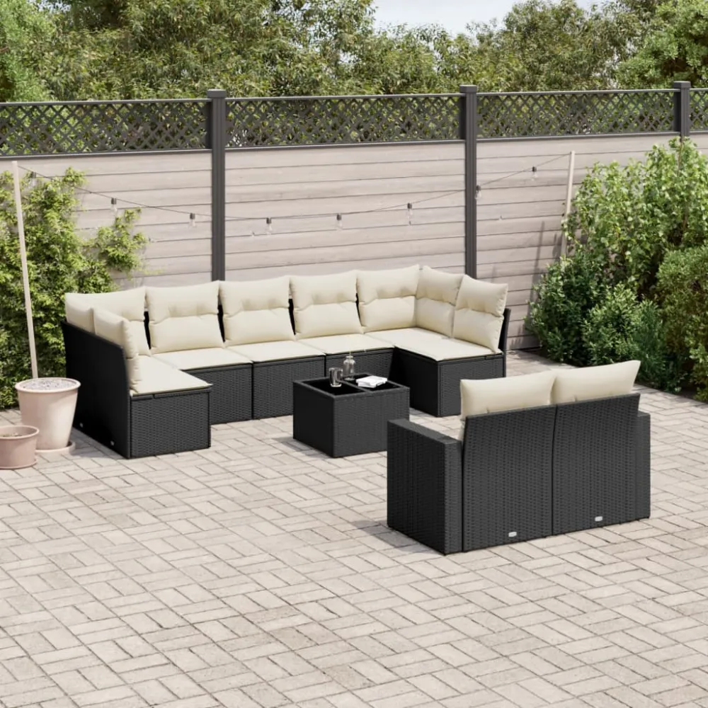 10-delige Loungeset met kussens poly rattan zwart vidaXL
