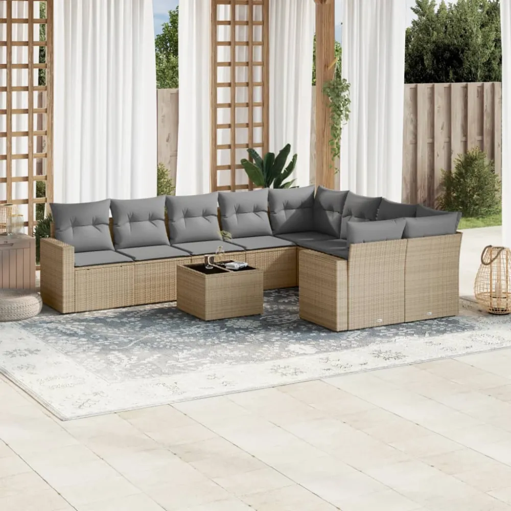 10-delige Loungeset met kussens poly rattan beige vidaXL