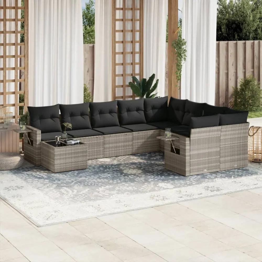 10-delige Loungeset met kussens poly rattan lichtgrijs vidaXL