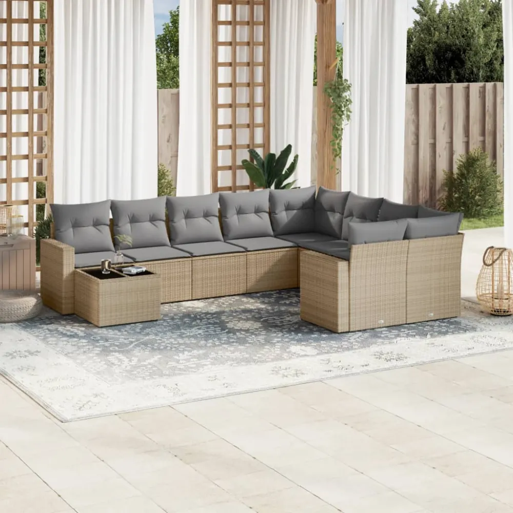 10-delige Loungeset met kussens poly rattan beige vidaXL