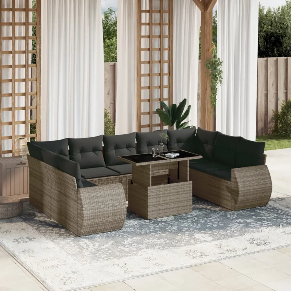 10-delige Loungeset met kussens poly rattan grijs vidaXL
