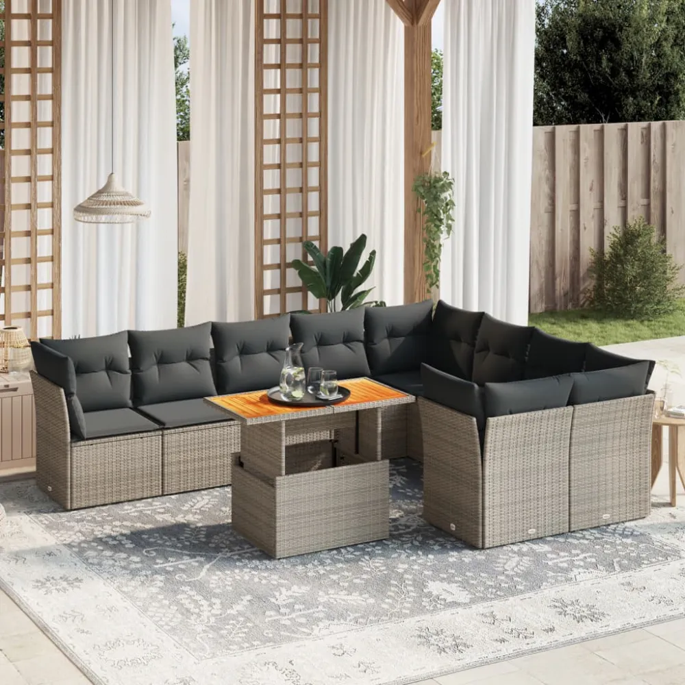 10-delige Loungeset met kussens poly rattan grijs vidaXL