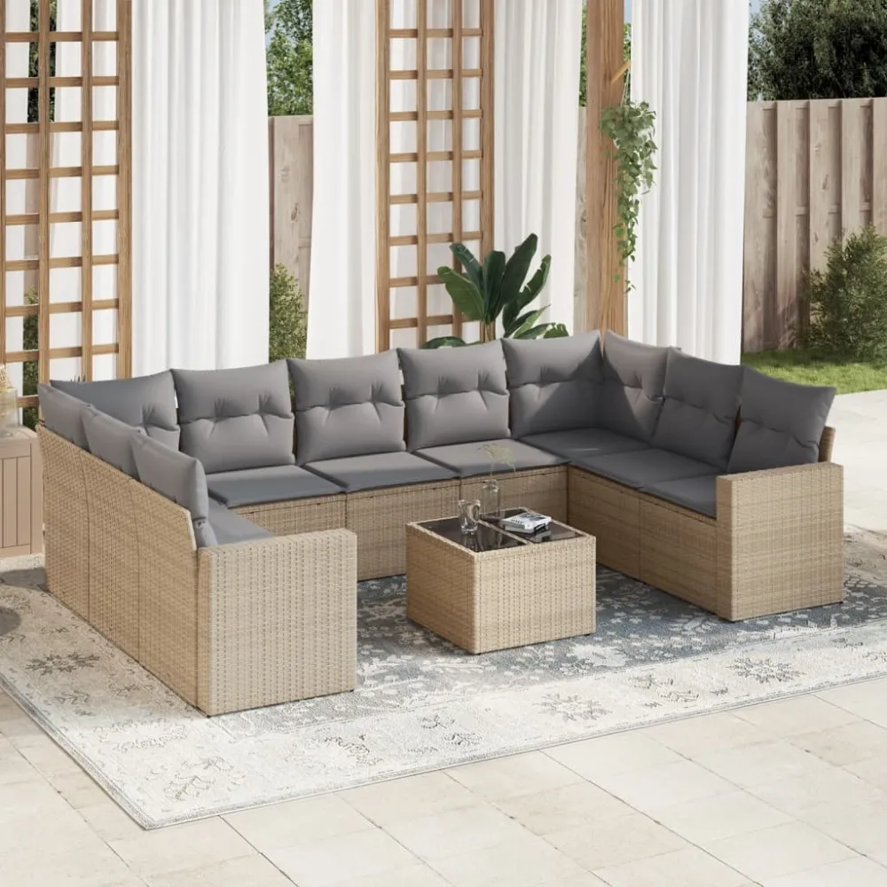 10-delige Loungeset met kussens poly rattan beige vidaXL