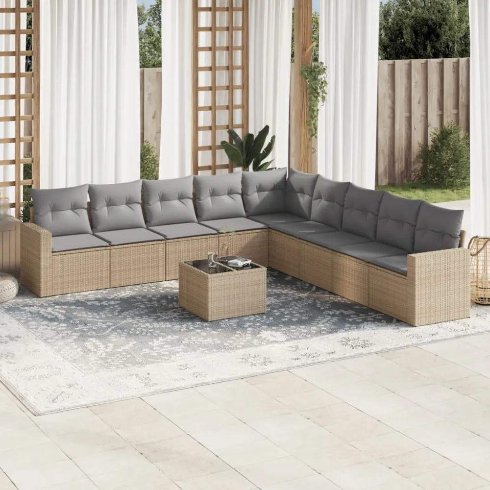 10-delige Loungeset met kussens poly rattan beige vidaXL