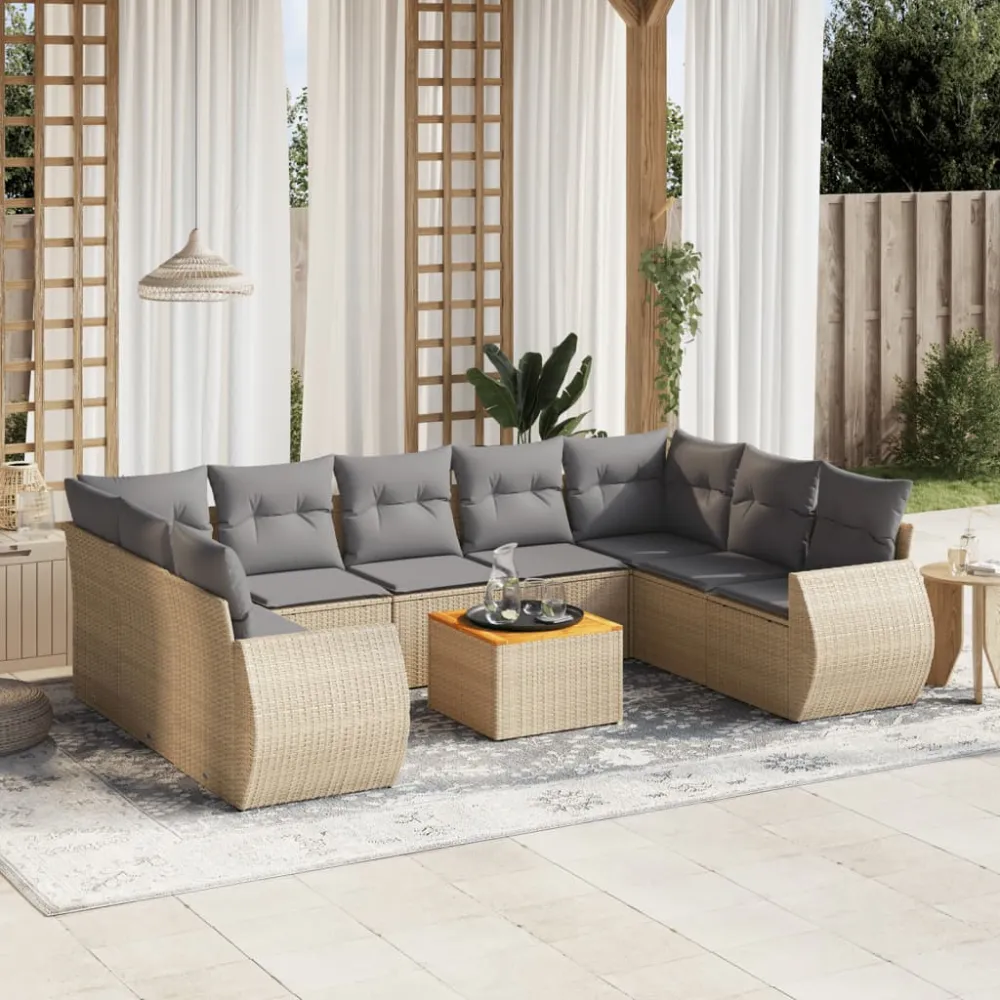 10-delige Loungeset met kussens poly rattan beige vidaXL