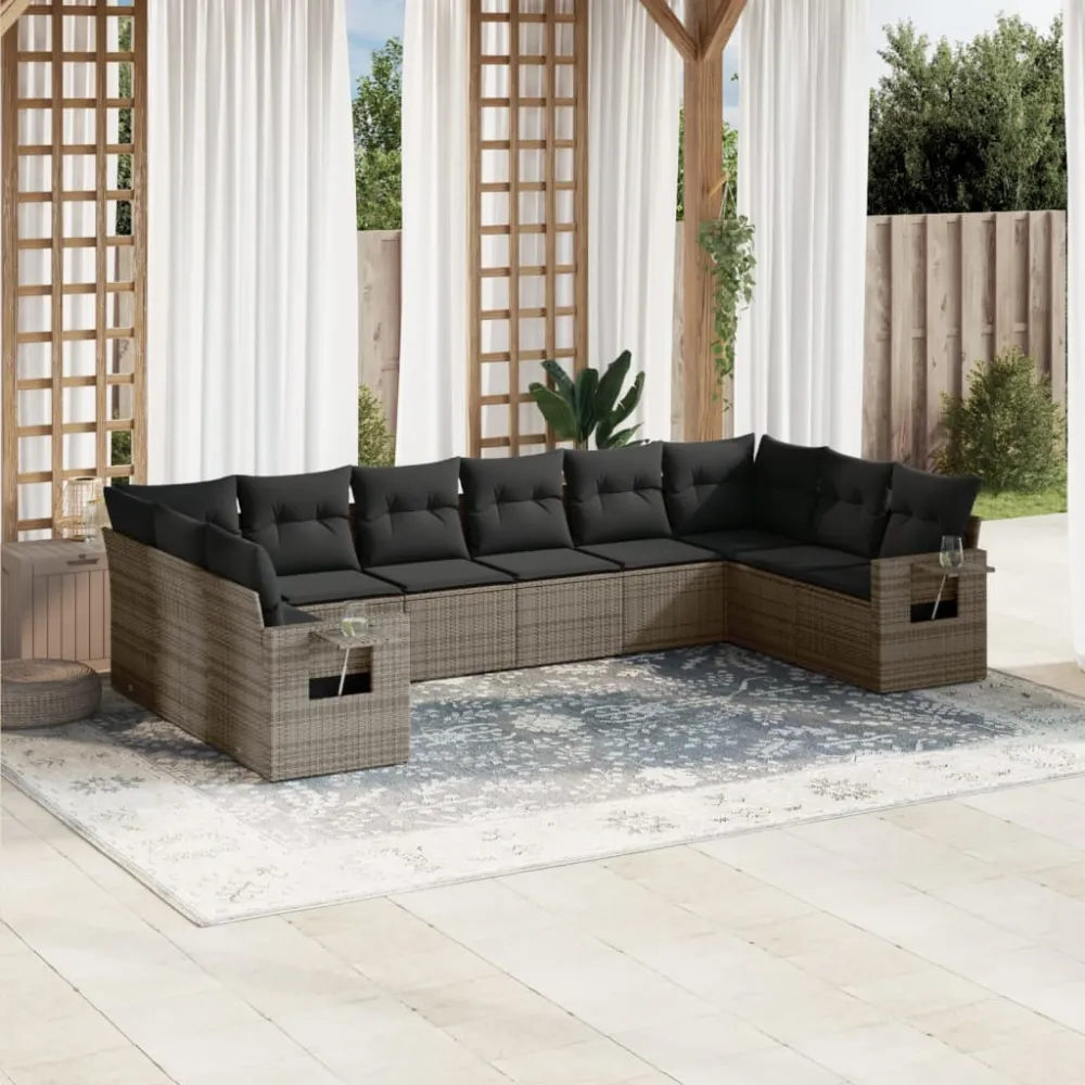 10-delige Loungeset met kussens poly rattan grijs vidaXL