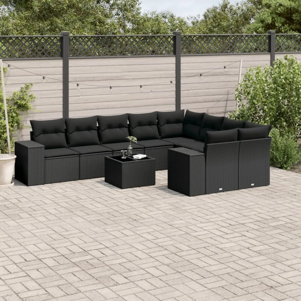 10-delige Loungeset met kussens poly rattan zwart vidaXL